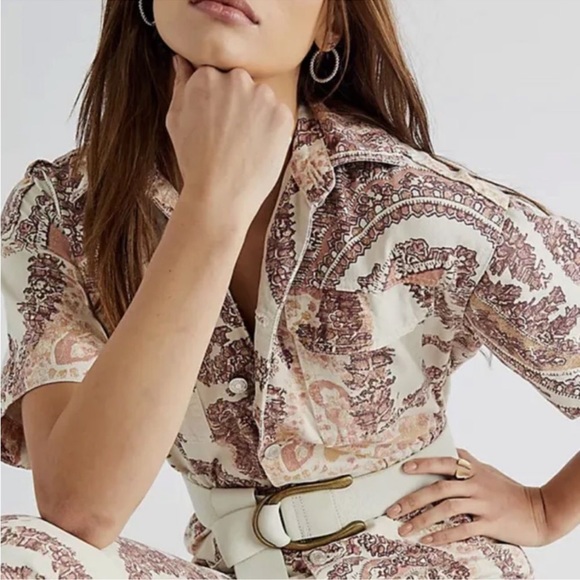 Free People Marci Printed Coverall Jumpsuit Soft Denim Brown Ivory Tan - Picture 2 of 9